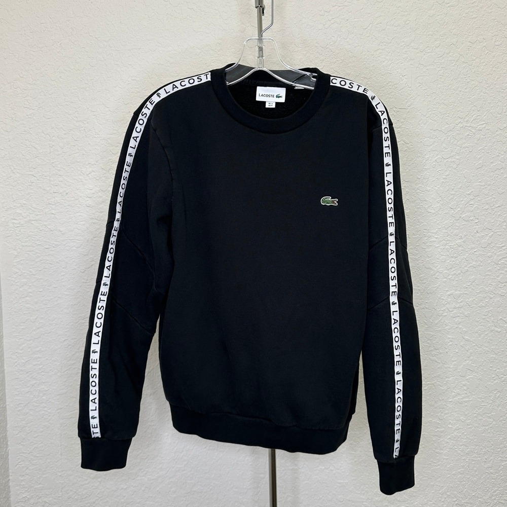 Lacoste Mens Black Logo Tape Sleeve Crewneck Sweatshirt FA13640 US M